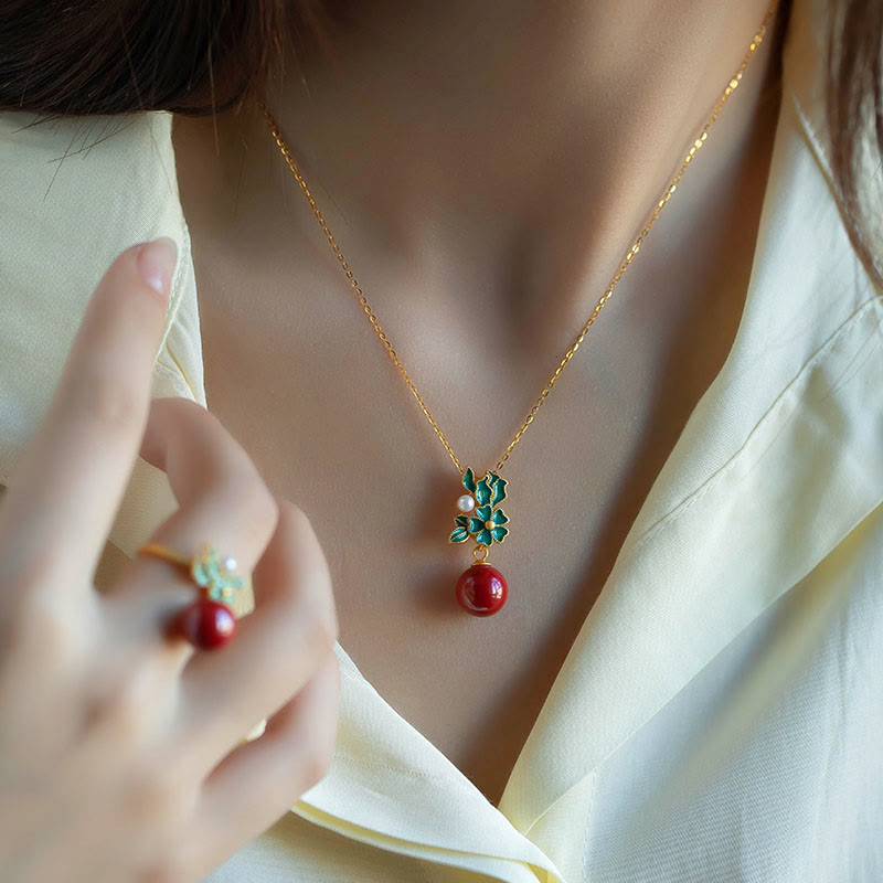 KarmaRipple's 925 Sterling Silver Plated Gold Cinnabar Pearl Flower Blessing Pendant Necklace Earrings Ring Set p6