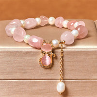 KarmaRipple's Authentic Strawberry Quartz Pearl Cat Positive Bracelet
