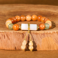 KarmaRipple's Golden Silk Jade Beadwork Gourd Ivory Gemstone Wealth Fortune Bracelet