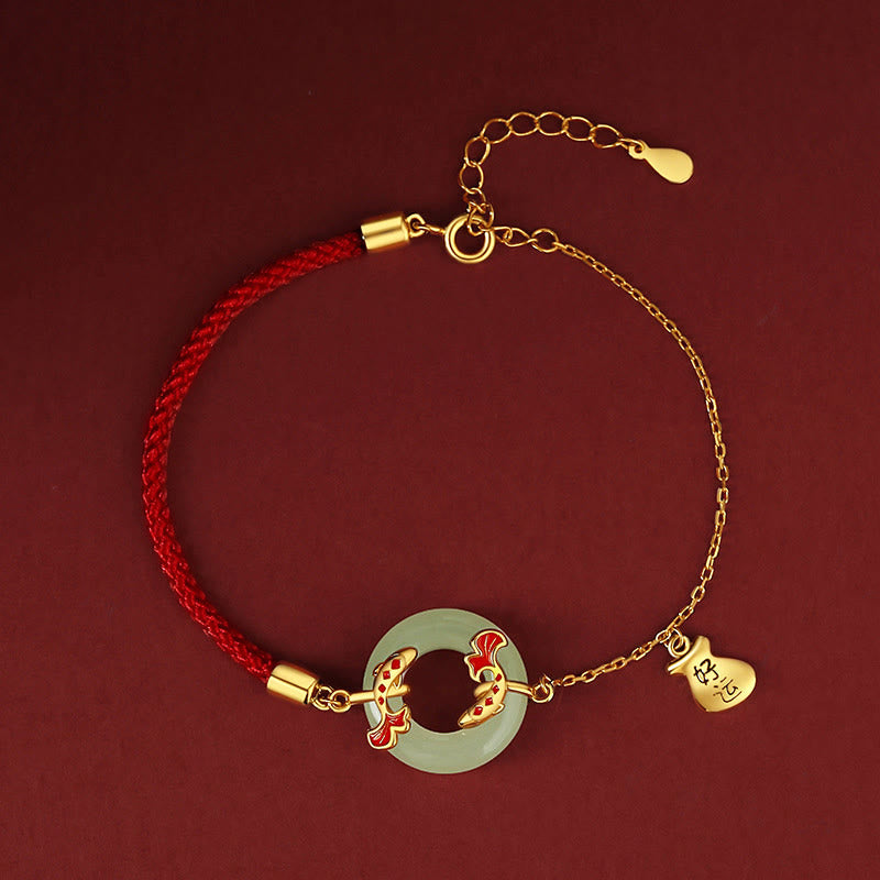 KarmaRipple's 999 Sterling Silver Hetian Ivory Jade Double Koi Fish Peace Buckle Fortunate Talisman Wealth Bracelet p2
