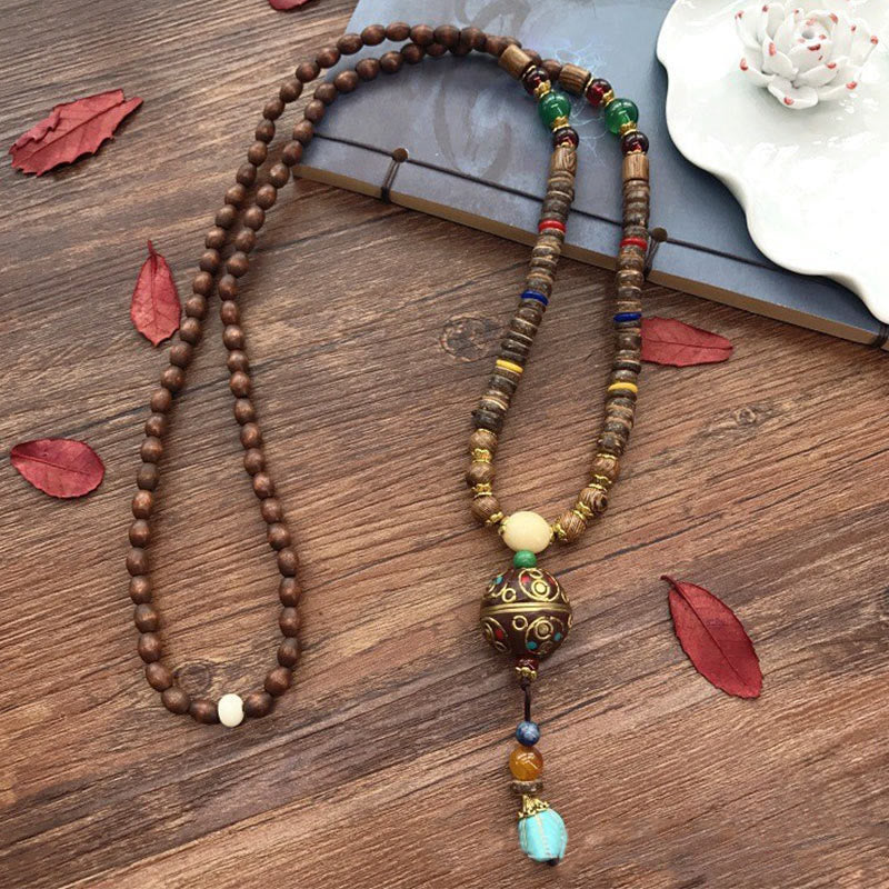 KarmaRipple's Tibetan Handmade Coconut Shell Schima Wood Great Bright Mantra Bronze Bead Balance Pendant Necklace p10