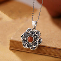 KarmaRipple's Tibetan Om Mani Padme Hum Lotus Pattern Red Agate Bronze Peace Pendant Necklace