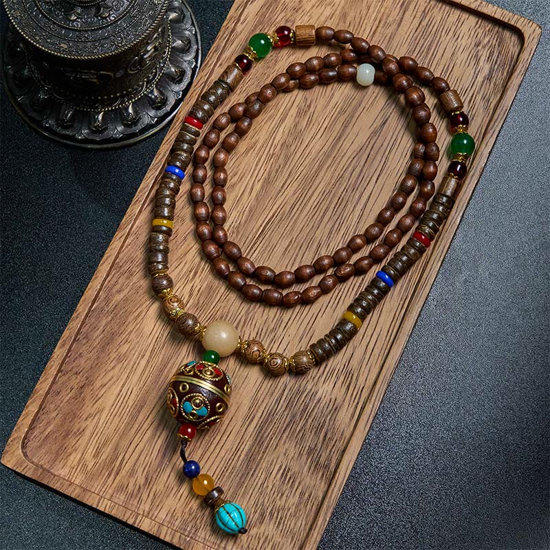 KarmaRipple's Tibetan Handmade Coconut Shell Schima Wood Great Bright Mantra Bronze Bead Balance Pendant Necklace p2