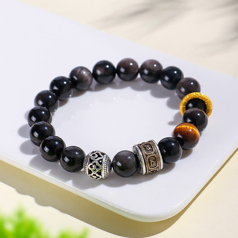KarmaRipple's Silver Sheen Obsidian Tiger Eye Om Mani Padme Hum Protection Bracelet p2