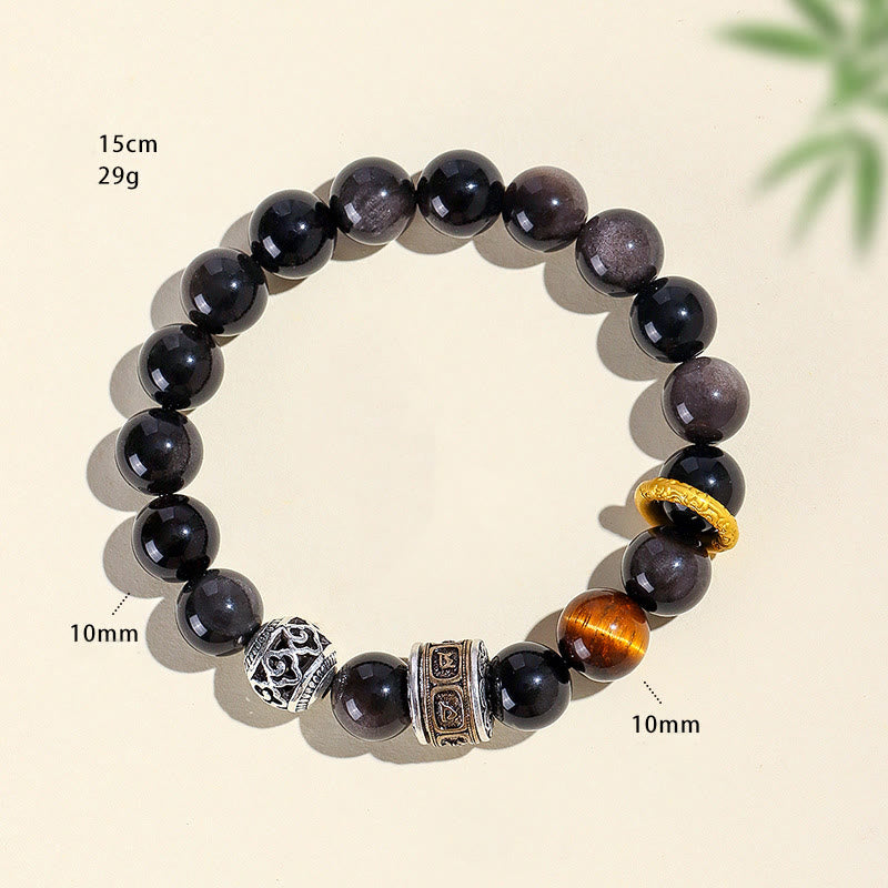 KarmaRipple's Silver Sheen Obsidian Tiger Eye Om Mani Padme Hum Protection Bracelet p6