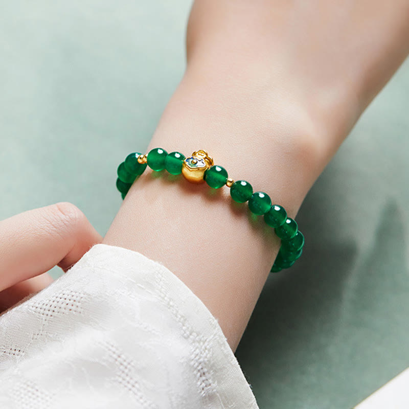 KarmaRipple's 999 Sterling Silver Fortunate Bag Green Chalcedony Calm Bracelet p9