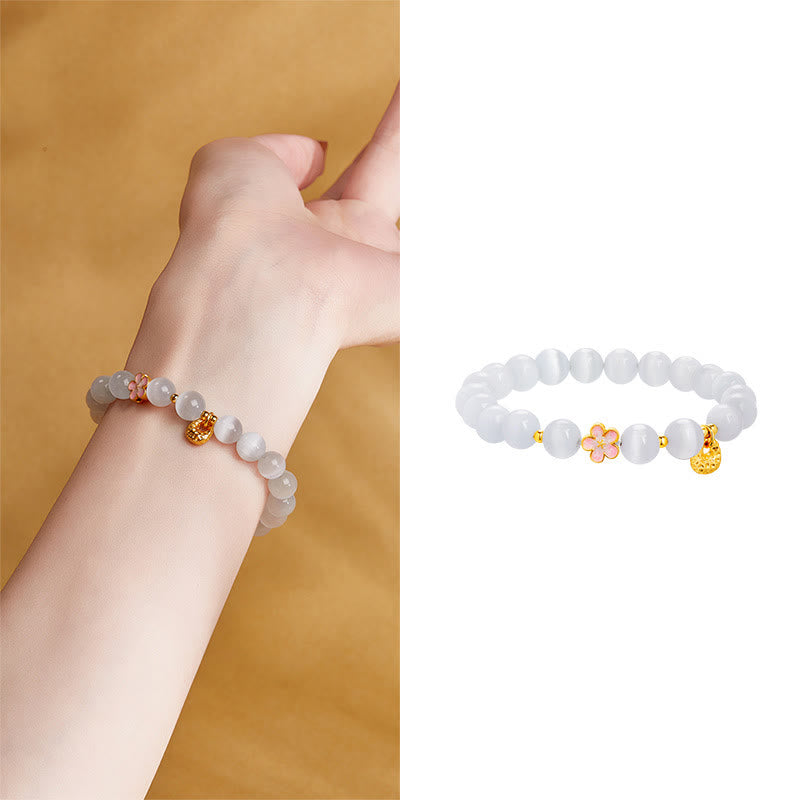 KarmaRipple's 925 Sterling Silver Authentic Peach Blossom Ivory Cat's Eye Positive Bracelet p10