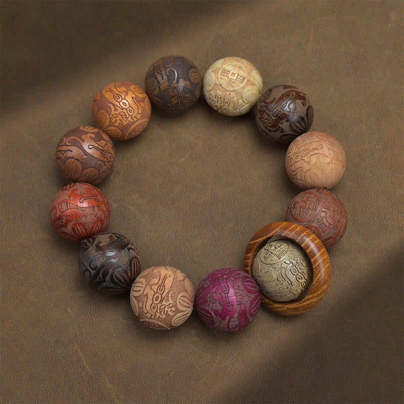 KarmaRipple's Carving Sandalwood Chinese Zodiac Auspicious Dragon Phoenix Fu Character Balancing Bracelet p35