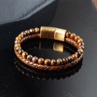 KarmaRipple's Multi-layer Woven Tiger Eye Stone Beadwork Leather Titanium Steel Strength Buckle Bracelet