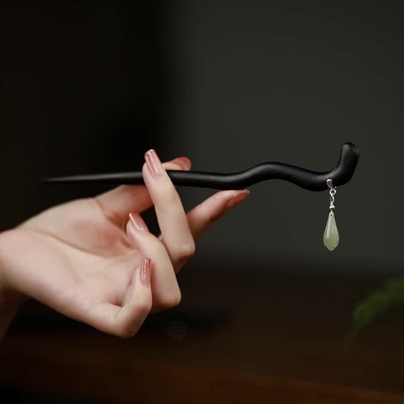 KarmaRipple's 925 Sterling Silver Authentic Hetian Jade Ebony Wood Fortune Talisman Hairpin p1