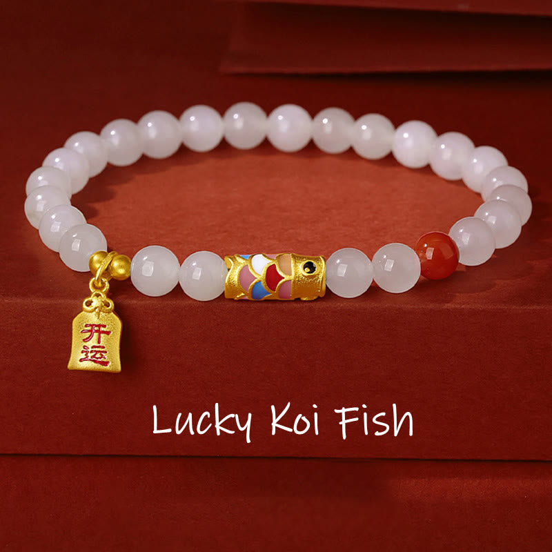 KarmaRipple's 925 Sterling Silver Hetian Ivory Jade Red Agate Koi Fish Fortune Happiness Bracelet p17