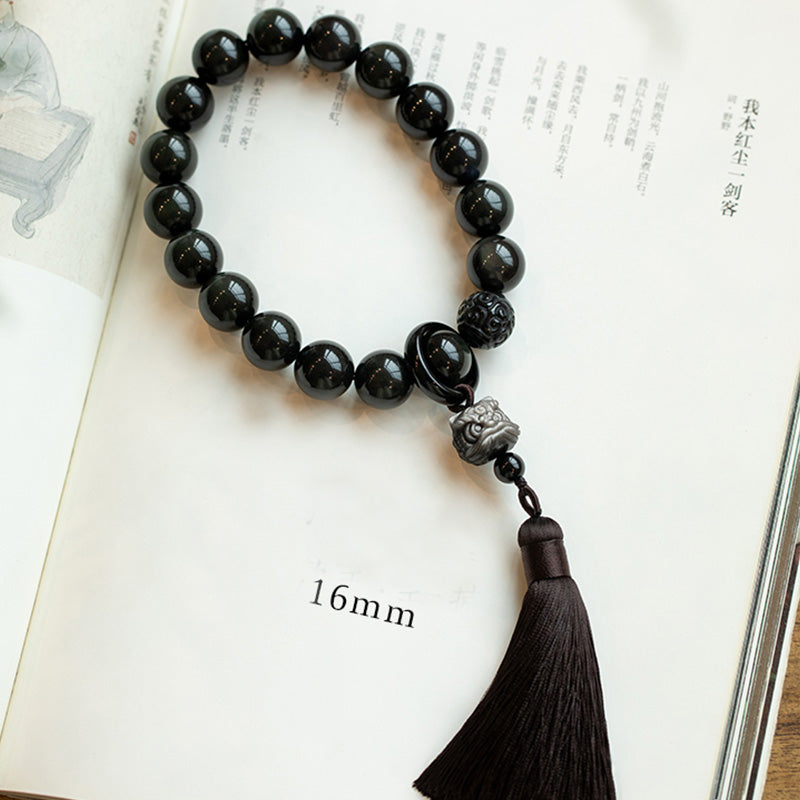 KarmaRipple's Authentic Silver Sheen Obsidian Black Obsidian Lion Wrist Mala Protection Tassels Pocket Mala Car Decoration p13