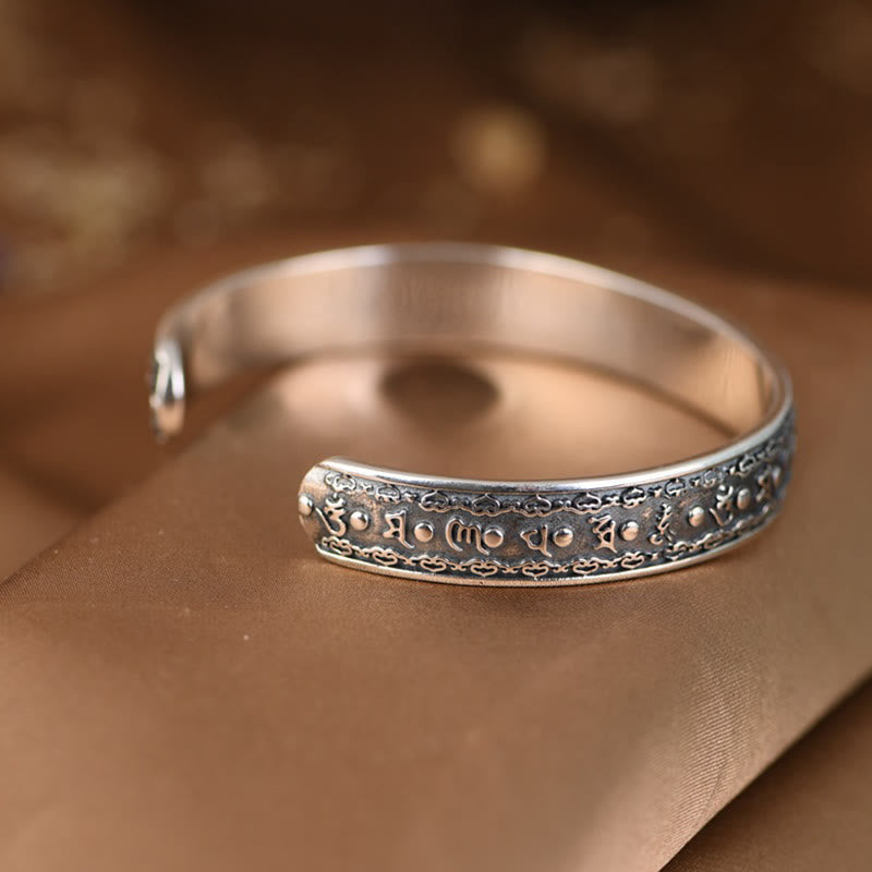 KarmaRipple's 925 Sterling Silver Om Mani Padme Hum Double Dorje Engraved Wisdom Cuff Bracelet Bangle p7