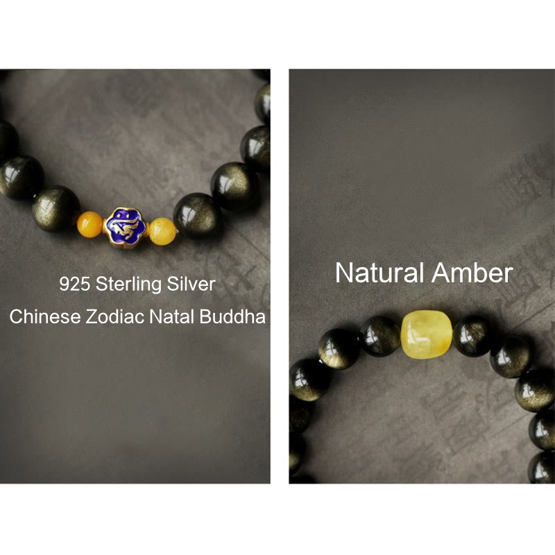 KarmaRipple's 925 Sterling Silver Chinese Zodiac Natal Buddha Authentic Gold Sheen Obsidian Amber Wealth Protection Bracelet p20
