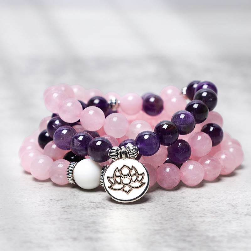 KarmaRipple's Authentic Rose Quartz & Amethyst Mala Bead Lotus Necklace Bracelet p1