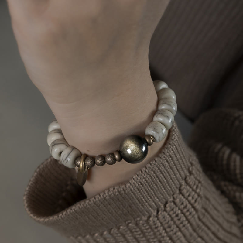 KarmaRipple's Tibetan Yak Bone Gold Sheen Obsidian Brass Bead Strength Bracelet p12