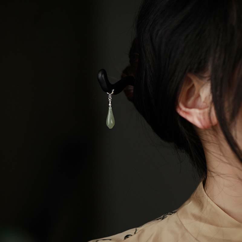 KarmaRipple's 925 Sterling Silver Authentic Hetian Jade Ebony Wood Fortune Talisman Hairpin p3