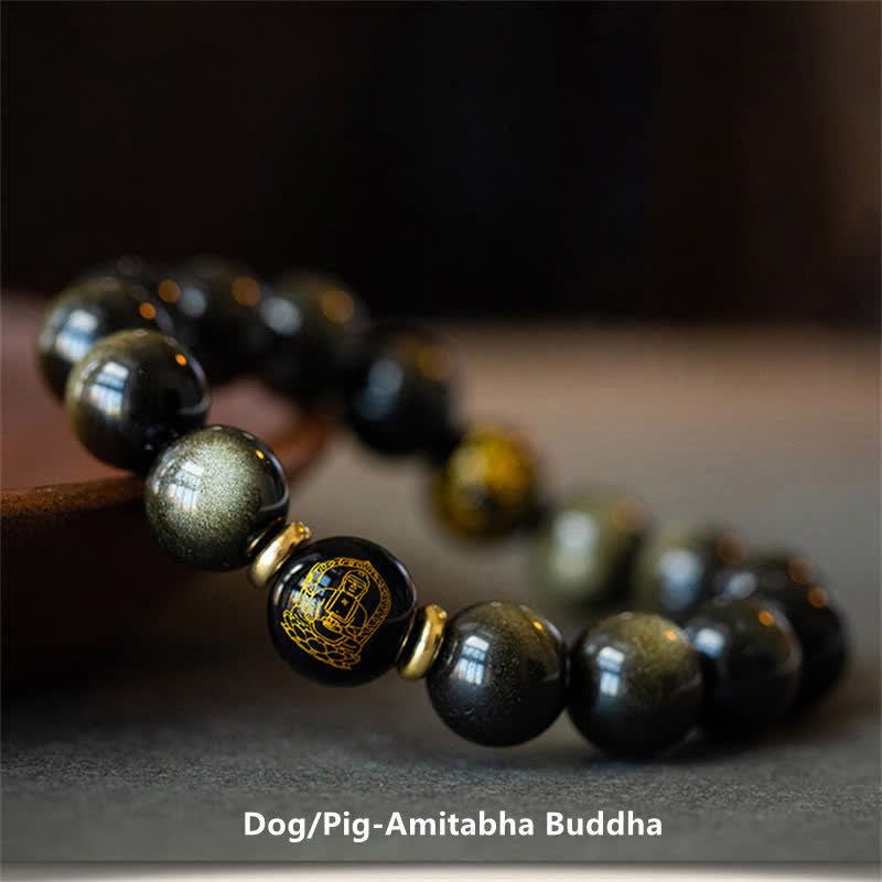 KarmaRipple's Chinese Zodiac Natal Buddha Gold Sheen Obsidian Wealth Protection Bracelet p35