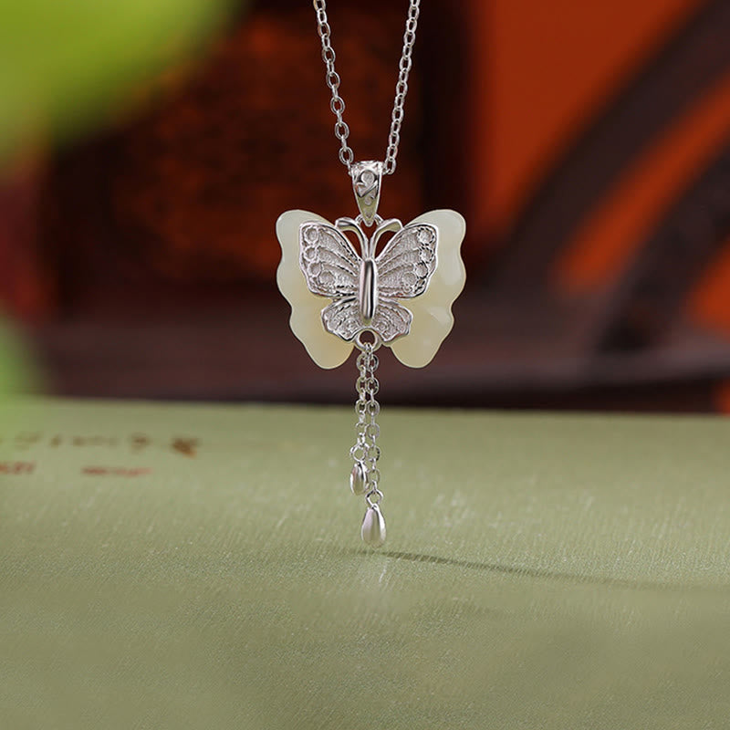 KarmaRipple's 925 Sterling Silver Plated Gold Hetian Ivory Jade Butterfly Blessing Pendant Necklace p10