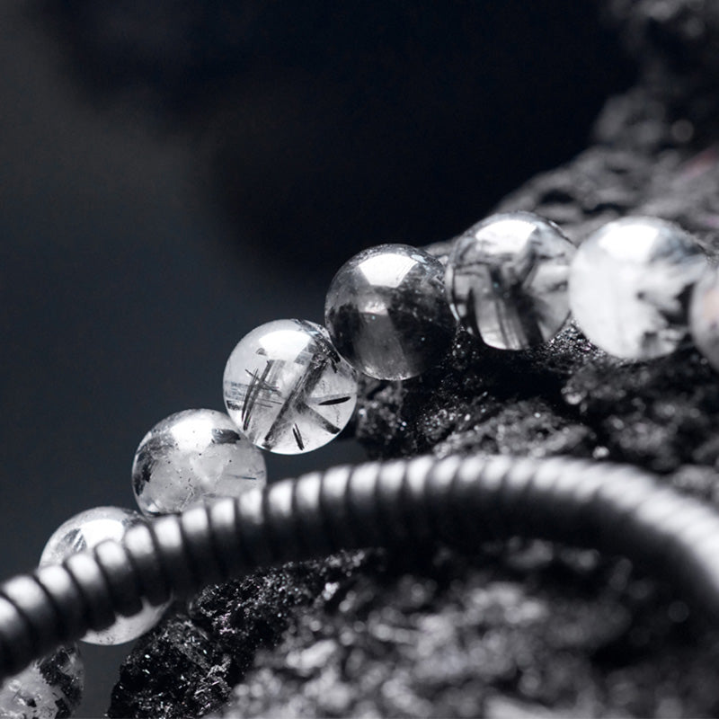 KarmaRipple's Black Rutilated Quartz Ebony Wood Bronze Wisdom Pair Bracelet p12