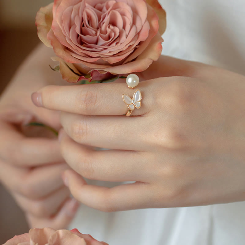 KarmaRipple's 14K Gold Plated Bronze Pearl Tridacna Stone Butterfly Blessing Ring Bracelet Pendant Necklace Earrings Set p7