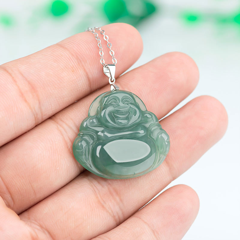 KarmaRipple's 925 Sterling Silver Laughing Buddha Jade Protection Calm Pendant Chain Necklace p4