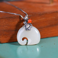 KarmaRipple's Ivory Jade Elephant Lotus Protection Pendant Necklace