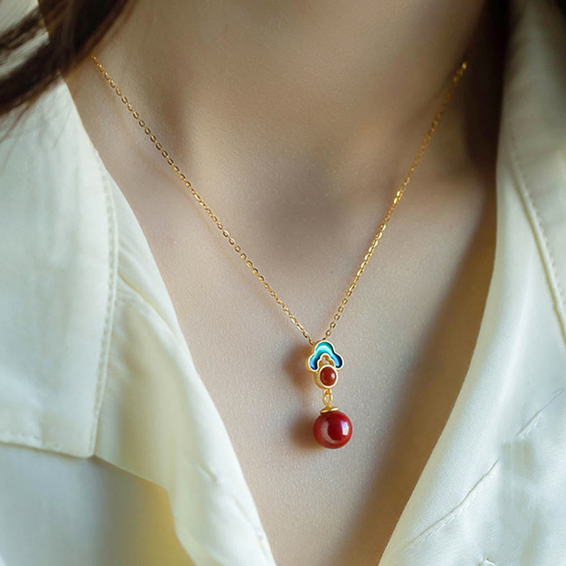 KarmaRipple's 925 Sterling Silver Plated Gold Cinnabar Red Agate Blessing Pendant Necklace Earrings Ring Set p13