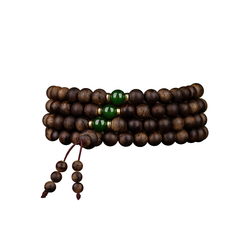 KarmaRipple's 108 Mala Beadwork Indonesia Tarakan Rare Agarwood Cyan Jade Ward Off Evil Spirits Bracelet p28