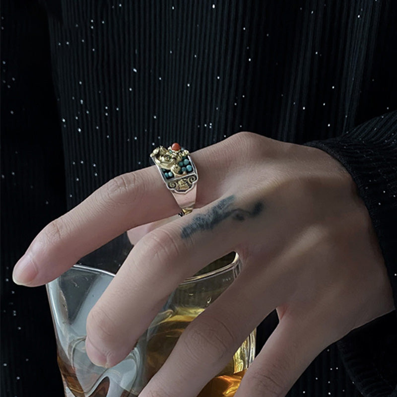 KarmaRipple's 925 Sterling Silver Turquoise Red Agate PiXiu Abacus Protection Ring p4