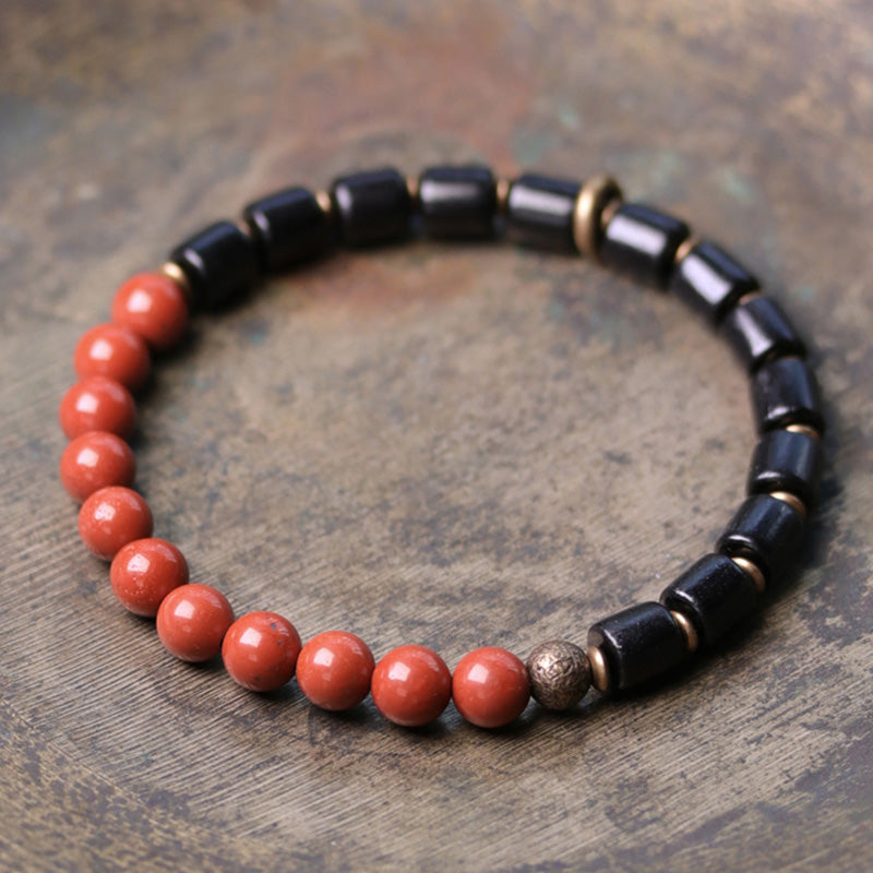 KarmaRipple's Ebony Wood Red Jasper Moss Agate Gemstone Bronze Peace Pair Bracelet p20
