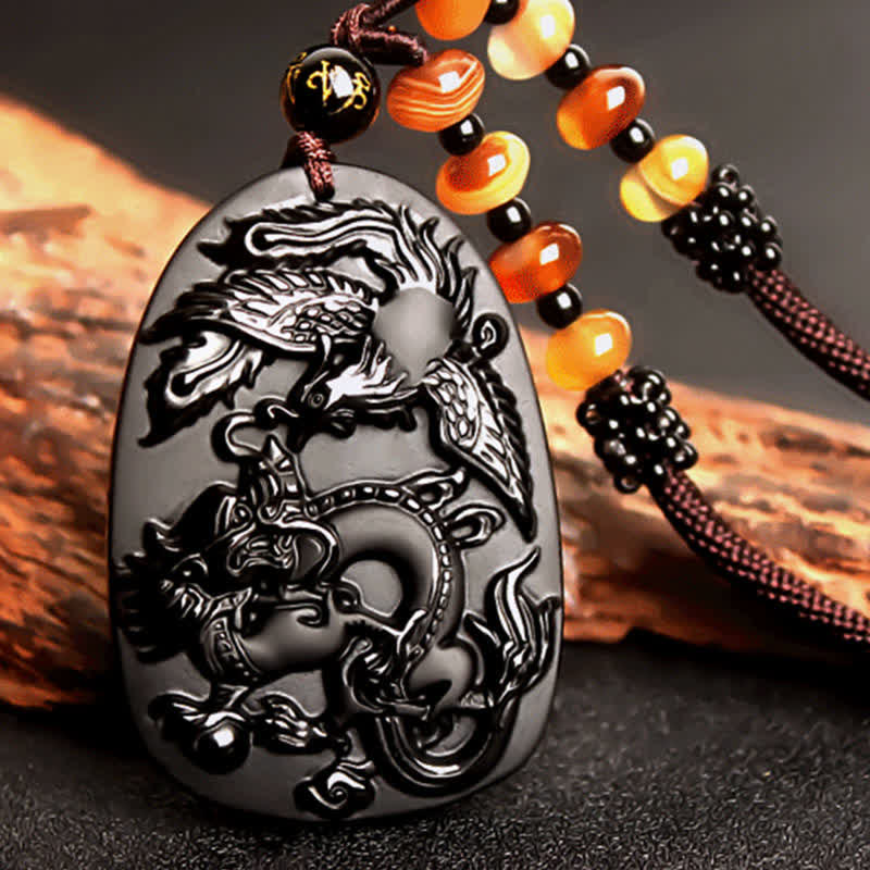 KarmaRipple's Black Obsidian Tiger Eye Dragon Phoenix Protection Beaded Pendant Necklace p8