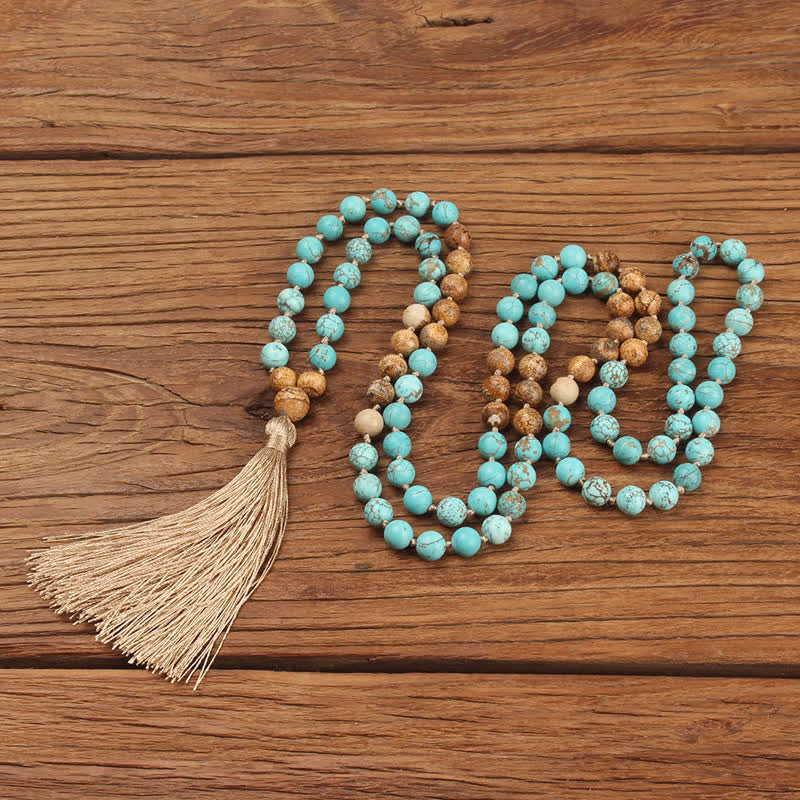 KarmaRipple's 108 Mala Beadwork Turquoise?Picture Jasper Wisdom Tassel Bracelet p7