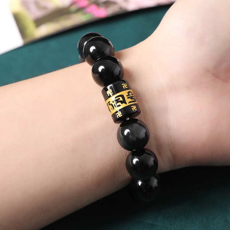 KarmaRipple's Rainbow Obsidian Om Mani Padme Hum Swastika Positive Bracelet p5