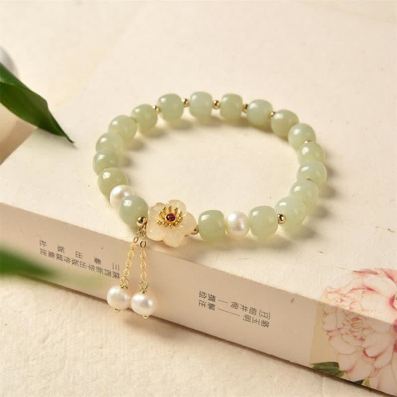 KarmaRipple's Hetian Jade Flower Pearl Happiness Abundance Bracelet p11