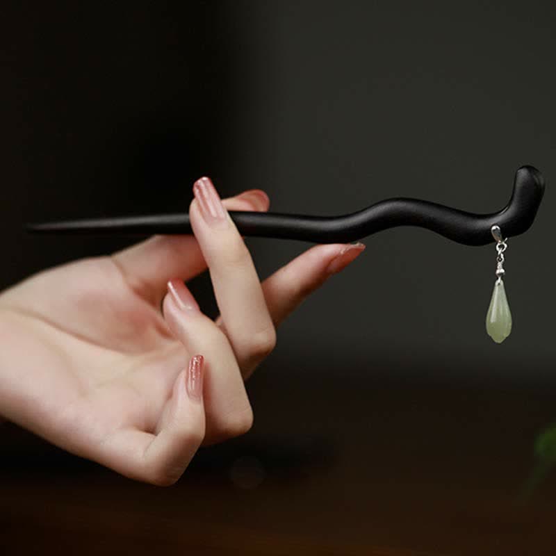KarmaRipple's 925 Sterling Silver Authentic Hetian Jade Ebony Wood Fortune Talisman Hairpin p6