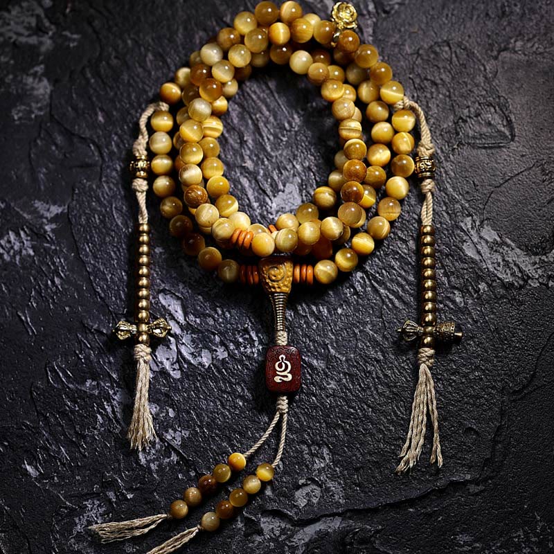 KarmaRipple's 108 Mala Beadwork Authentic Tiger Eye Bronze Dorje Protection Tassel Bracelet p6