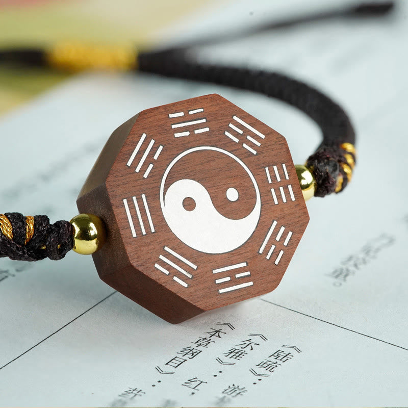 KarmaRipple's Small Leaf Red Sandalwood Jujube Wood Ebony Wood Silver Inlaid Yin Yang Bagua Big Dipper Protection Bracelet p13