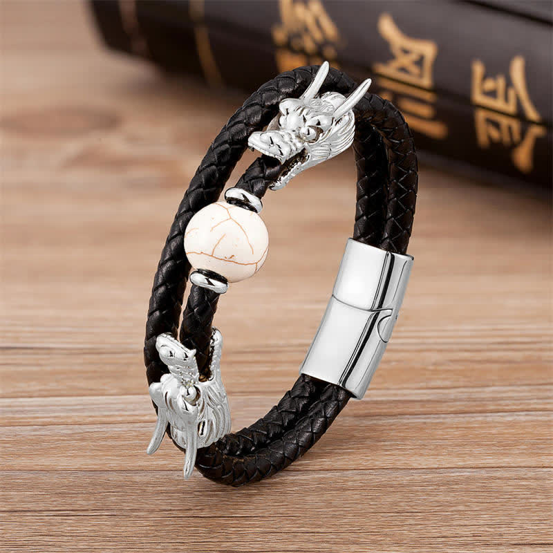KarmaRipple's Double Dragon Head Leather Stone Titanium Steel Success Bracelet ( p8