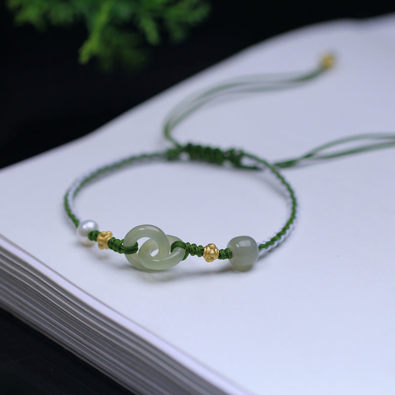 KarmaRipple's 925 Sterling Silver Hetian Jade Double Peace Buckle Fortune Woven Bracelet p4