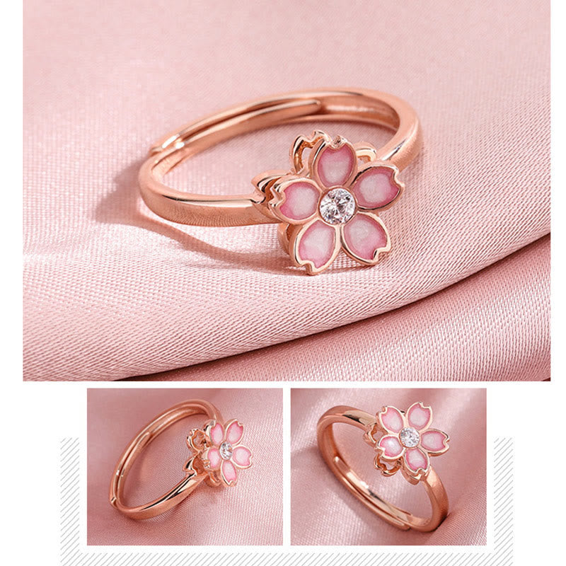 KarmaRipple's 925 Sterling Silver Cherry Blossom Blessing Chain Bracelet Rotatable Ring p18