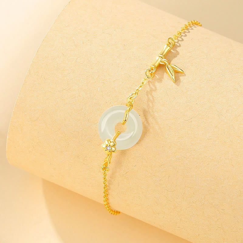 KarmaRipple's 925 Sterling Silver Hetian Jade Chalcedony Peace Buckle Bamboo Leaf Prosperity Chain Bracelet p5