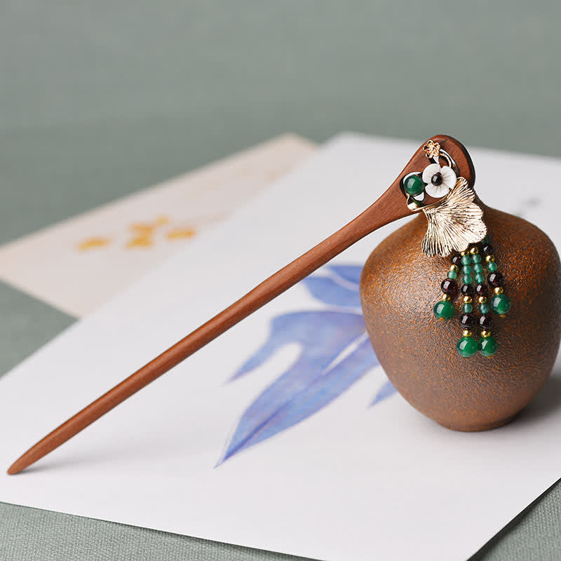 KarmaRipple's Red Sandalwood Green Agate Ginkgo Leaf Protection Hairpin p3