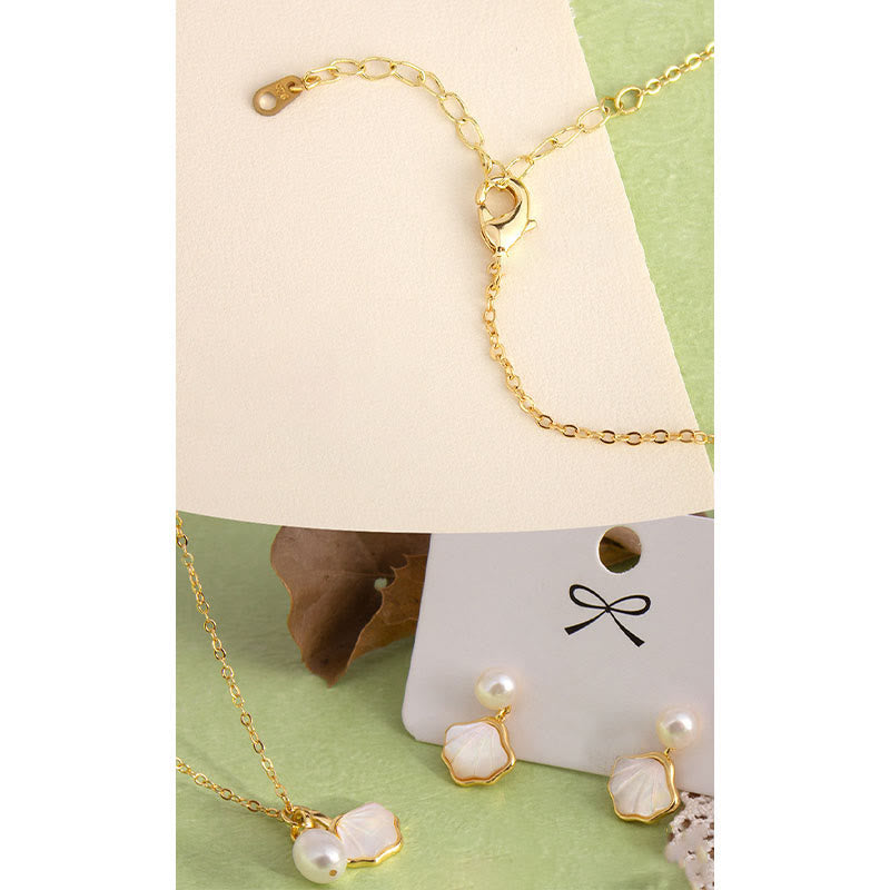 KarmaRipple's Ginkgo Tridacna Stone Pearl Bead Bronze Blessing Pendant Necklace Ring Earrings Set p7