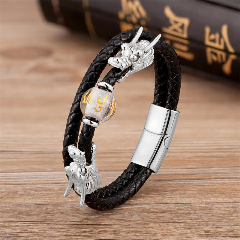 KarmaRipple's Double Dragon Head Leather Stone Titanium Steel Success Bracelet ( p7
