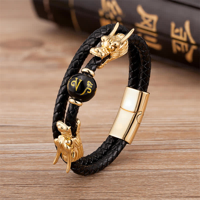 KarmaRipple's Double Dragon Head Leather Stone Titanium Steel Success Bracelet ( p9