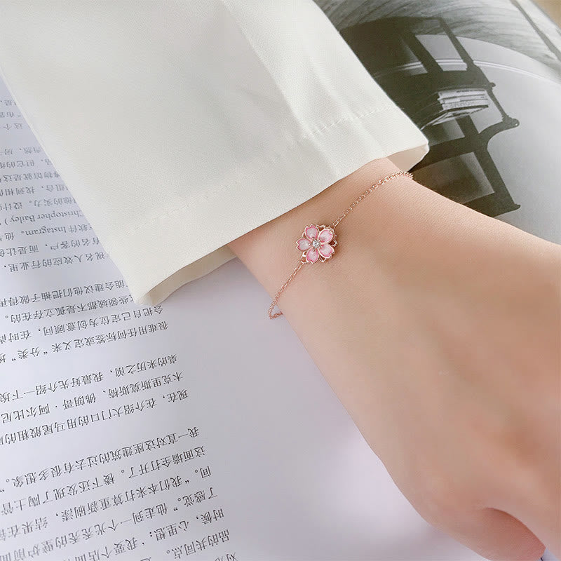 KarmaRipple's 925 Sterling Silver Cherry Blossom Blessing Chain Bracelet Rotatable Ring p12