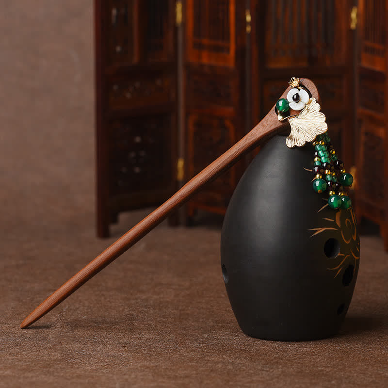 KarmaRipple's Red Sandalwood Green Agate Ginkgo Leaf Protection Hairpin p5