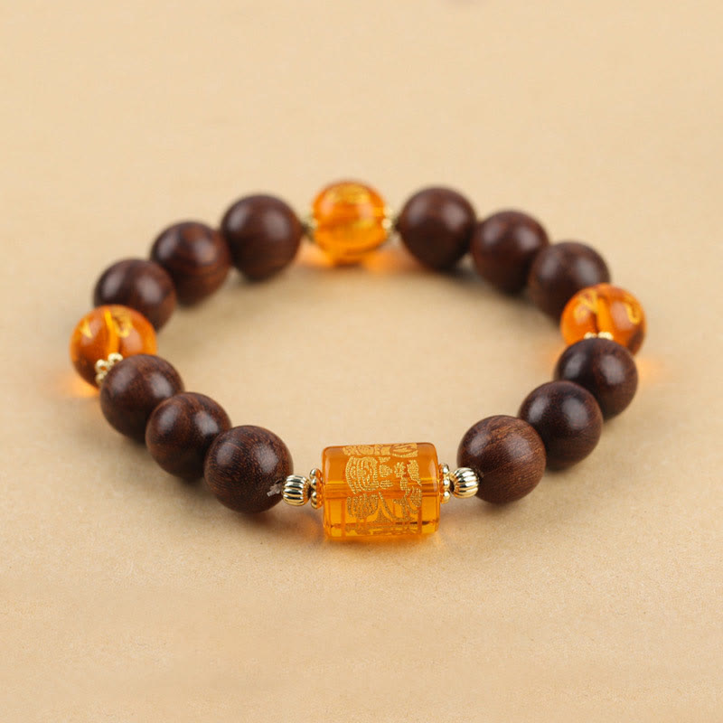 KarmaRipple's Authentic Phoebe Zhennan Wood Om Mani Padme Hum God Of Wealth Gemstone Protection Bracelet p20