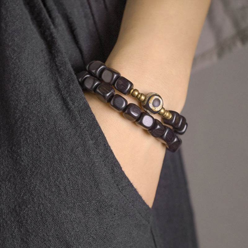 KarmaRipple's Ebony Wood Dzi Bead Bronze Peace Pair Bracelet p4